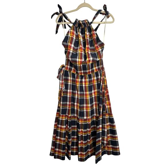 Kopal Heera Midi High Neck Halter Dress in Navy Plaid Madras Check NEW - Picture 8 of 10